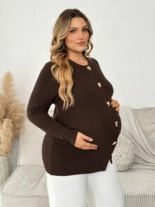 Plussiva Plus-Size Maternity Ribbed Knit Top With Front Buttons – Casual & Workwear  Fall/Winter - Brown - View 3