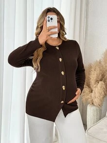 Plussiva Plus-Size Maternity Ribbed Knit Top With Front Buttons – Casual & Workwear  Fall/Winter - Brown - View 5