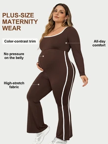 Plussiva Plus Maternity Contrast Binding Flare Leg Jumpsuit Fall - Brown - View 2