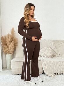 Plussiva Plus Maternity Contrast Binding Flare Leg Jumpsuit Fall - Brown - View 6