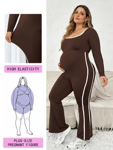 Plussiva Plus Maternity Contrast Binding Flare Leg Jumpsuit Fall - Brown - View 1