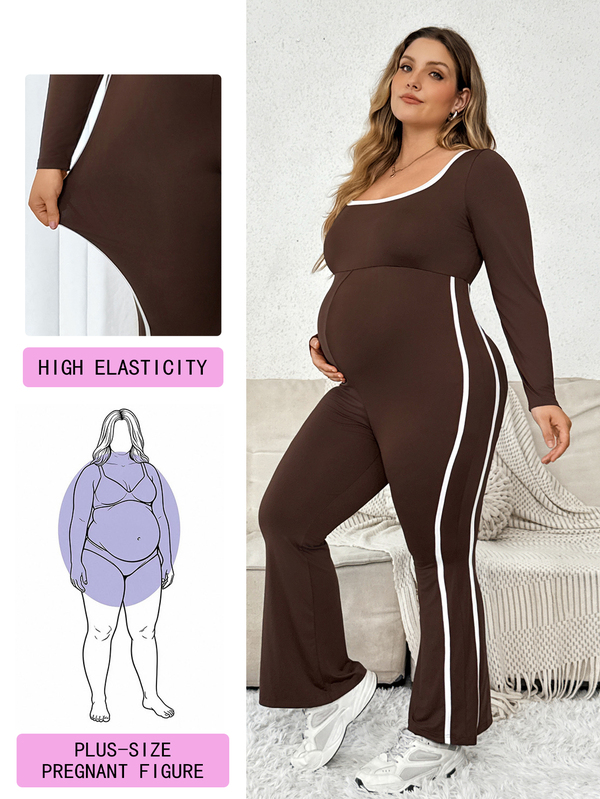 Plussiva Plus Maternity Contrast Binding Flare Leg Jumpsuit Fall