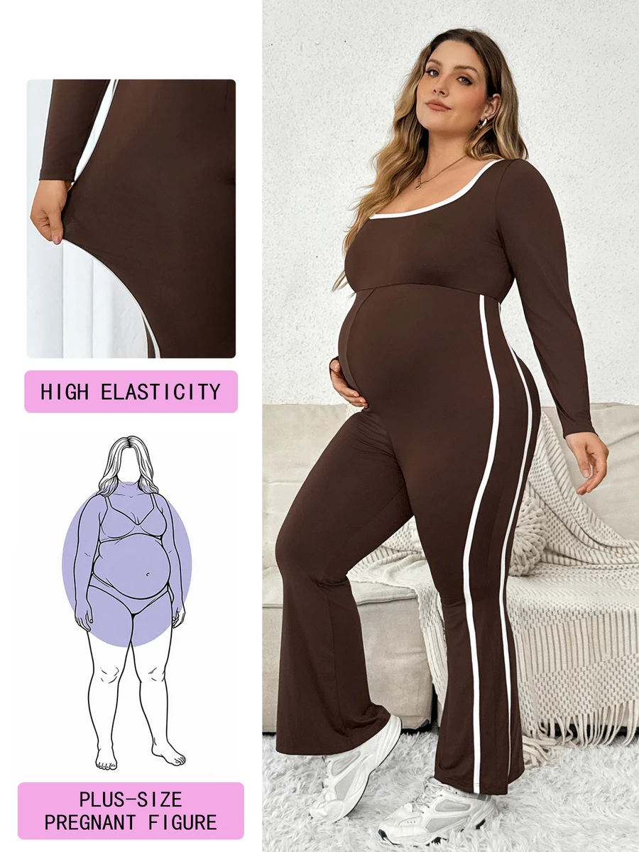 Plussiva Plus Maternity Contrast Binding Flare Leg Jumpsuit Fall - Brown - View 1