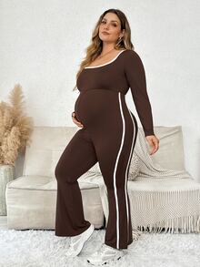 Plussiva Plus Maternity Contrast Binding Flare Leg Jumpsuit Fall - Brown - View 8