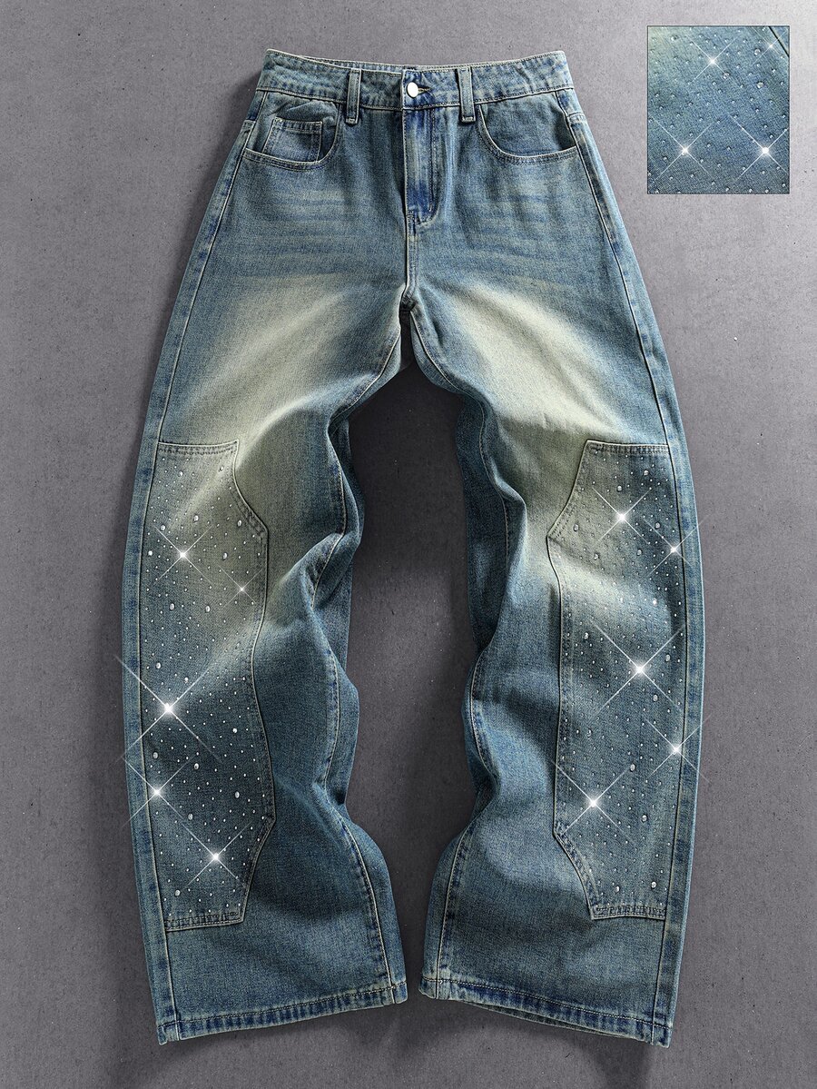 ROMWE MEN Street Life Men's Y2K Vintage Distressed Washed Denim Jeans, Loose Wide Leg Fit, Rhinestone Decor, Street Hip-Hop Style Casual Long Pants - Blue - View 1