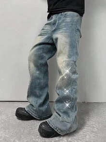 ROMWE MEN Street Life Men's Y2K Vintage Distressed Washed Denim Jeans, Loose Wide Leg Fit, Rhinestone Decor, Street Hip-Hop Style Casual Long Pants - Blue - View 7