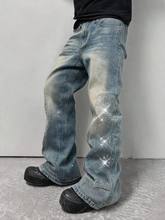 Street Life Jean en denim vintage Y2K pour homme, délavé et usé, coupe ample à jambes larges, décoré de strass, style street hip-hop, pantalon long décontracté