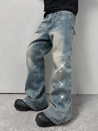 Street Life Men's Y2K Vintage Distressed Washed Denim Jeans, Loose Wide Leg Fit, Rhinestone Decor, Street Hip-Hop Style Casual Long Pants