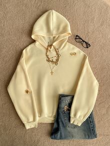 Attitoon Summer's Simple Casual Cream Yellow Solid Color Pullover Hooded Long Sleeve Sweatshirt Without Drawstring Oversize Autumn Winter - Light Yellow - View 4