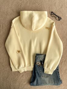 Attitoon Summer's Simple Casual Cream Yellow Solid Color Pullover Hooded Long Sleeve Sweatshirt Without Drawstring Oversize Autumn Winter - Light Yellow - View 5