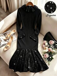 SHEIN Franclia This Is A New Autumn-Winter Style Long-Sleeved, Mid-Length Sequined Fishtail Dress For Ladies. It Is Elegant And Suitable For Both Daily Commutes And - Black - View 3