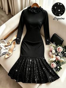 SHEIN Franclia This Is A New Autumn-Winter Style Long-Sleeved, Mid-Length Sequined Fishtail Dress For Ladies. It Is Elegant And Suitable For Both Daily Commutes And - Black - View 6