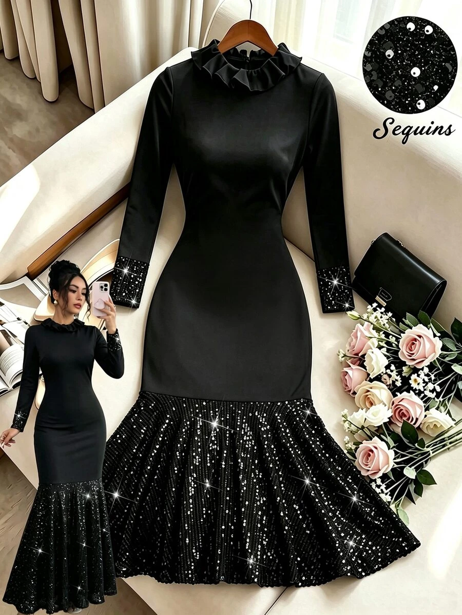 SHEIN Franclia This Is A New Autumn-Winter Style Long-Sleeved, Mid-Length Sequined Fishtail Dress For Ladies. It Is Elegant And Suitable For Both Daily Commutes And