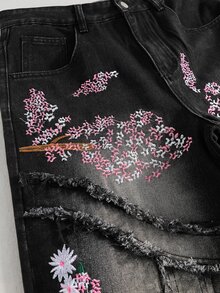 ROMWE MEN Street Life 男士刺繡口袋毛邊休閒牛仔長褲 - 黑色 - 查看 5
