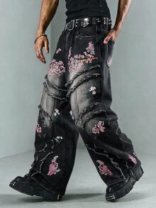 ROMWE MEN Street Life 男士刺繡口袋毛邊休閒牛仔長褲 - 黑色 - 查看 8