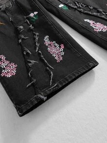 ROMWE MEN Street Life 男士刺繡口袋毛邊休閒牛仔長褲 - 黑色 - 查看 6