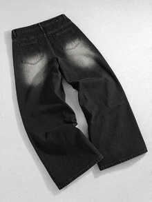 ROMWE MEN Street Life 男士刺繡口袋毛邊休閒牛仔長褲 - 黑色 - 查看 2