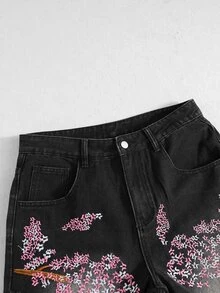 ROMWE MEN Street Life 男士刺繡口袋毛邊休閒牛仔長褲 - 黑色 - 查看 3