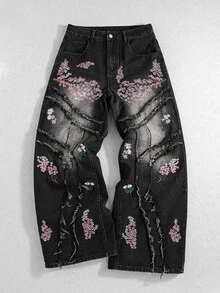 ROMWE MEN Street Life 男士刺繡口袋毛邊休閒牛仔長褲 - 黑色 - 查看 4