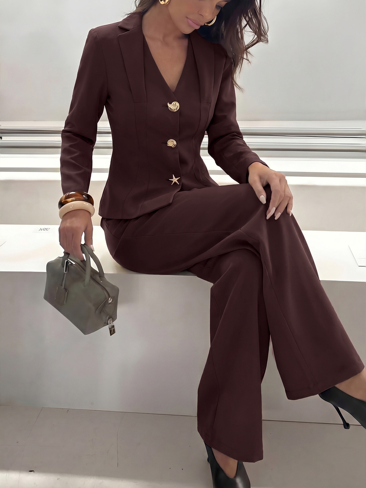 Lumalex Fall Winter Elegant Commuter Solid Color Light Yellow Long Sleeve Blazer And Pants Set,Front Mid-Deep V-Neck Daily-To-Gala Versatility Quiet Luxury Me - Brown - View 6