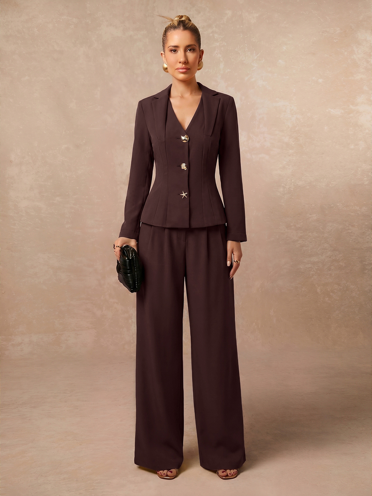 Lumalex Fall Winter Elegant Commuter Solid Color Light Yellow Long Sleeve Blazer And Pants Set,Front Mid-Deep V-Neck Daily-To-Gala Versatility Quiet Luxury Me - Brown - View 9