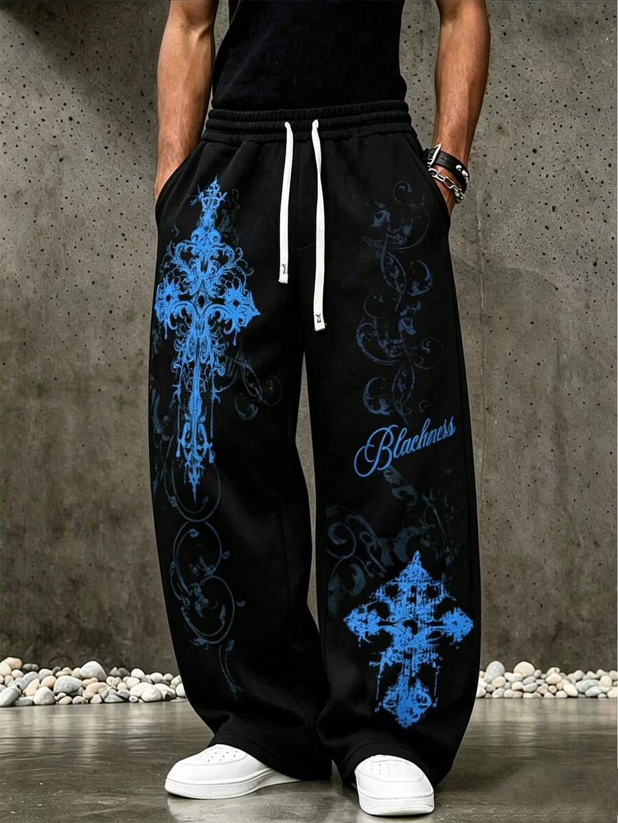 ROMWE MEN Goth 男士十字花卉與字母圖案抽繩腰寬腿運動長褲 - 黑色 - 查看 1