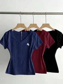 SHEIN EZwear 3件組女款夏季V領修身T恤，龐克次文化動漫純色基礎款V領短袖修身T恤 - 彩色 - 查看 3