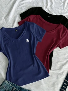 SHEIN EZwear 3件組女款夏季V領修身T恤，龐克次文化動漫純色基礎款V領短袖修身T恤 - 彩色 - 查看 4