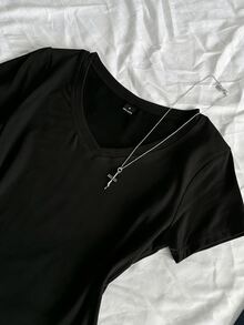 SHEIN EZwear 3件組女款夏季V領修身T恤，龐克次文化動漫純色基礎款V領短袖修身T恤 - 彩色 - 查看 5