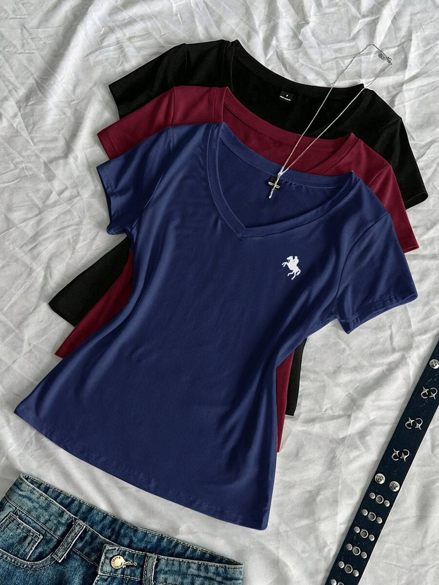 SHEIN EZwear 3件組女款夏季V領修身T恤,龐克次文化動漫純色基礎款V領短袖修身T恤 - 彩色 - 查看 1