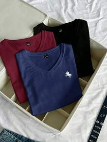 SHEIN EZwear 3件組女款夏季V領修身T恤，龐克次文化動漫純色基礎款V領短袖修身T恤 - 彩色 - 查看 7