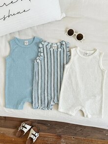 SHEIN 男女嬰兒新生兒 3件組 春夏休閒百搭可愛紋理連身褲短褲套裝，男嬰服裝套裝 - 彩色 - 查看 5