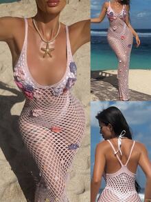 Swim SXY Women's Handmade Crochet Floral Decorative Sheer Mermaid Hem Beach Cover Up Dress, Elegant & Sexy, Pink For Summer Beach Vacation - Pink - View 5