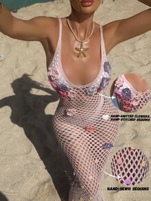 Swim SXY Women's Handmade Crochet Floral Decorative Sheer Mermaid Hem Beach Cover Up Dress, Elegant & Sexy, Pink For Summer Beach Vacation - Pink - View 6