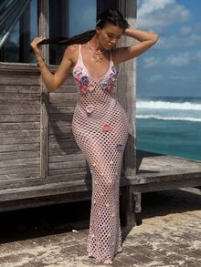 Swim SXY Women's Handmade Crochet Floral Decorative Sheer Mermaid Hem Beach Cover Up Dress, Elegant & Sexy, Pink For Summer Beach Vacation - Pink - View 4