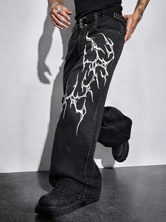 Street Life Herren Gothic Muster Tasche Weite Beine Denim Jeans