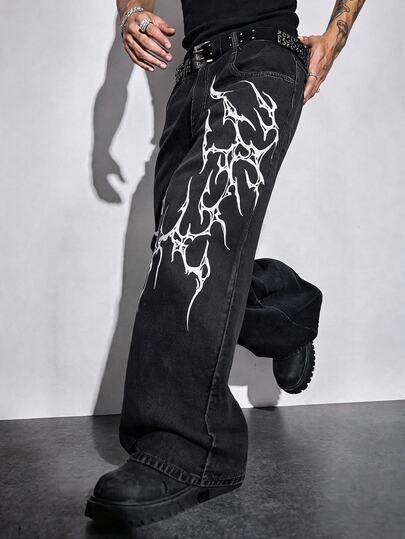 Street Life Men's Gothic Pattern Pocket Wide Leg Denim Jeans