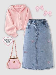 SHEIN Tween Girls Summer New Washed Blue Embroidered Flower A-Line Denim Skirt High Waist Snug Fit Straigh - Light Wash - View 1
