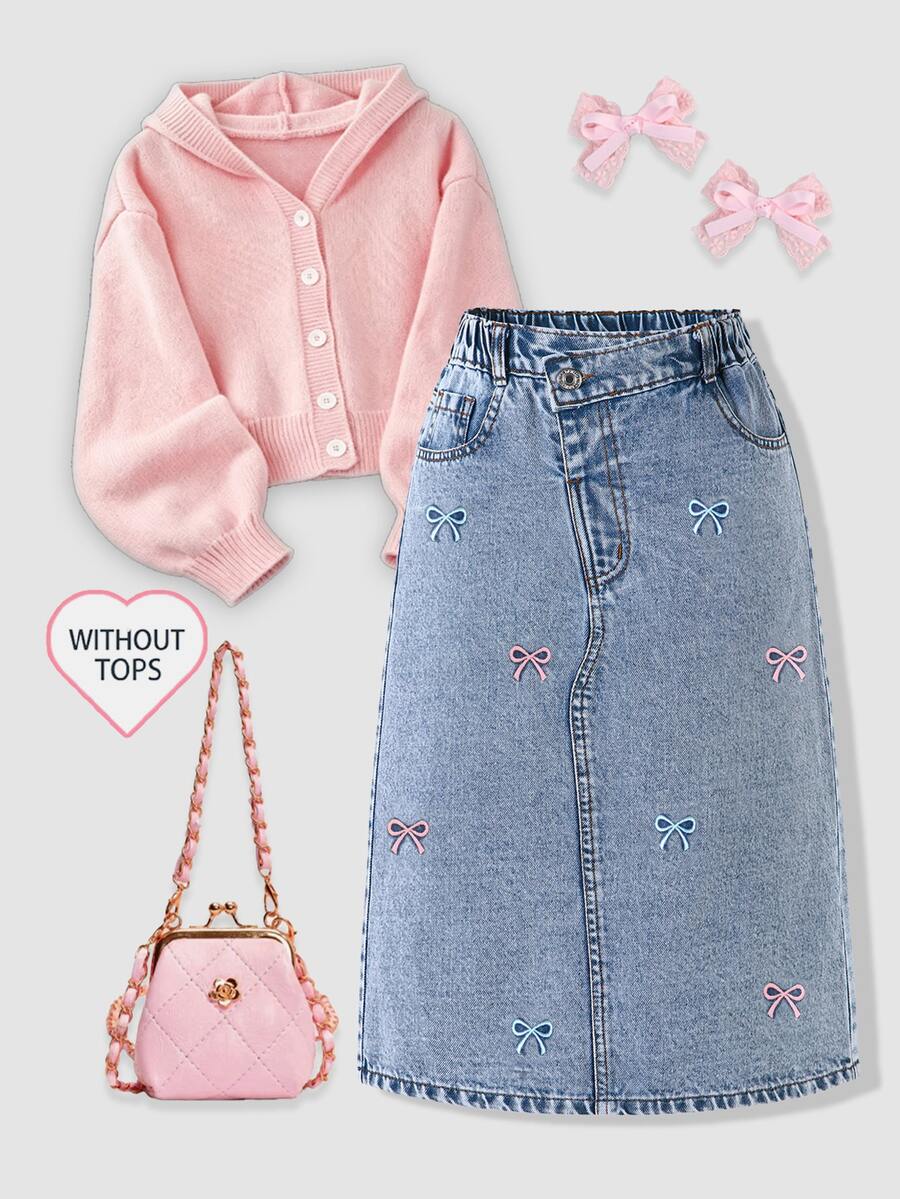 SHEIN Tween Girls Summer New Washed Blue Embroidered Flower A-Line Denim Skirt High Waist Snug Fit Straigh - Light Wash - View 1