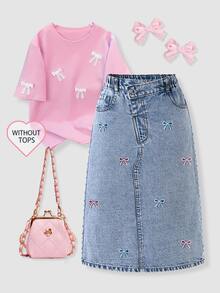 SHEIN Tween Girls Summer New Washed Blue Embroidered Flower A-Line Denim Skirt High Waist Snug Fit Straigh - Light Wash - View 3