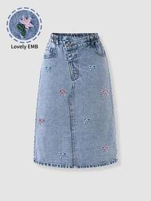 SHEIN Tween Girls Summer New Washed Blue Embroidered Flower A-Line Denim Skirt High Waist Snug Fit Straigh - Light Wash - View 4