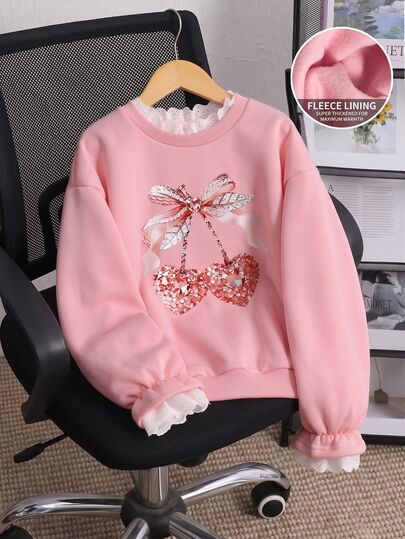SHEIN Girls' Casual Cute Holiday Vacation Outdoor Sports Commute Knit Polyester Fiber Campus Party Pink Crew Neck Long Sleeve Sweatshirt With Embroidery Lac