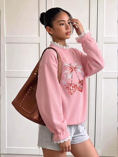 SHEIN Girls' Casual Cute Holiday Vacation Outdoor Sports Commute Knit Polyester Fiber Campus Party Pink Crew Neck Long Sleeve Sweatshirt With Embroidery Lac