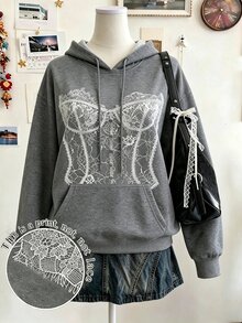 EMERY ROSE Sweatshirt Wanita Ukuran Besar Motif Malam Halloween dengan Bahu Longgar, Sweatshirt Kasual Gaya 90-an untuk Musim Gugur, Musim Dingin, Acara Formal, Wisuda, Warna Abu-abu. - Dark Grey - View 1