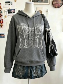 EMERY ROSE Sweatshirt Wanita Ukuran Besar Motif Malam Halloween dengan Bahu Longgar, Sweatshirt Kasual Gaya 90-an untuk Musim Gugur, Musim Dingin, Acara Formal, Wisuda, Warna Abu-abu. - Dark Grey - View 5