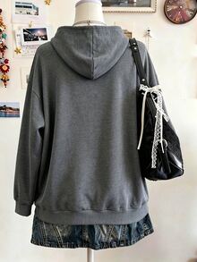 EMERY ROSE Sweatshirt Wanita Ukuran Besar Motif Malam Halloween dengan Bahu Longgar, Sweatshirt Kasual Gaya 90-an untuk Musim Gugur, Musim Dingin, Acara Formal, Wisuda, Warna Abu-abu. - Dark Grey - View 2