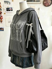 EMERY ROSE Sweatshirt Wanita Ukuran Besar Motif Malam Halloween dengan Bahu Longgar, Sweatshirt Kasual Gaya 90-an untuk Musim Gugur, Musim Dingin, Acara Formal, Wisuda, Warna Abu-abu. - Dark Grey - View 4