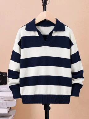 SHEIN Suéter de cuello alto ajustado de manga larga azul profundo para niños, adecuado para otoño e invierno