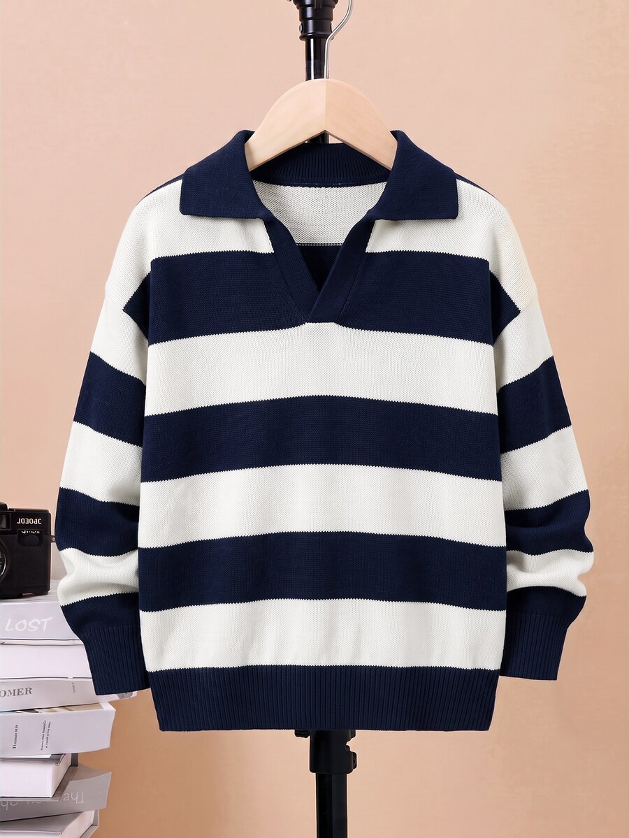 SHEIN 男童深藍色長袖套頭領修身毛衣,適合秋冬穿著 - 藏蓝色 - 查看 1