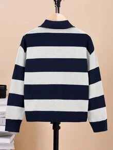 SHEIN 男童深藍色長袖套頭領修身毛衣，適合秋冬穿著 - 藏蓝色 - 查看 2